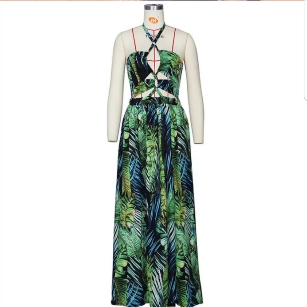 Tropical Leaf Print Maxi Dress